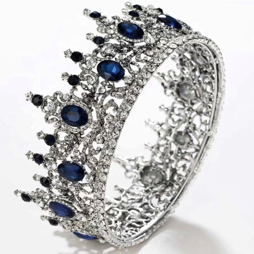 Vintage King Crown Blue Rhinestone Crown for Men, Birthday Masquerade Prom Party - Picture 2 of 2